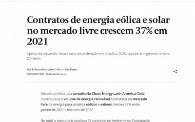 Contratos de energia eólica e solar no mercado livre crescem 37% em 2021