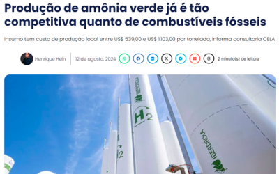Produção de amônia verde já é tão competitiva quanto de combustíveis fósseis